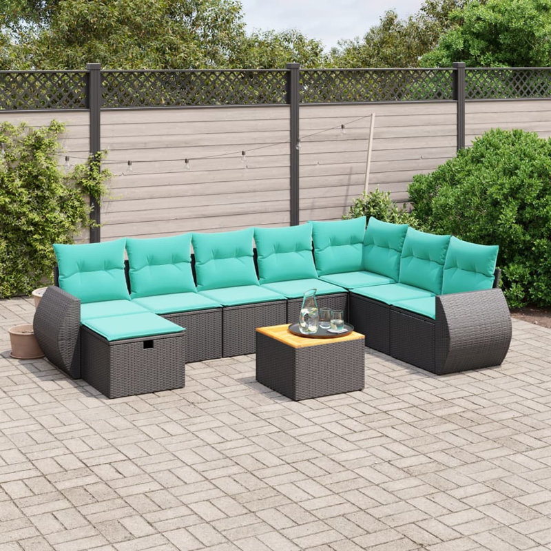 Ensemble de canapé de patio 9 pièces avec coussins en rotin de polyester, Bleu clair, Noir