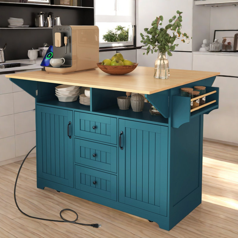 Lockable Rolling Kitchen Island With Drop Leaves, Power Ports, Racks And Drawers, Green