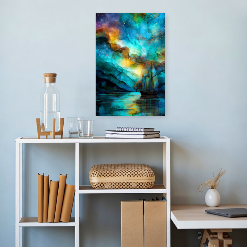 Sailing Under Starry Skies Abstract Colorful Dreamy Landscape Mountain Wall Art Print 1 Piece Wrapped Canvas Wall Art