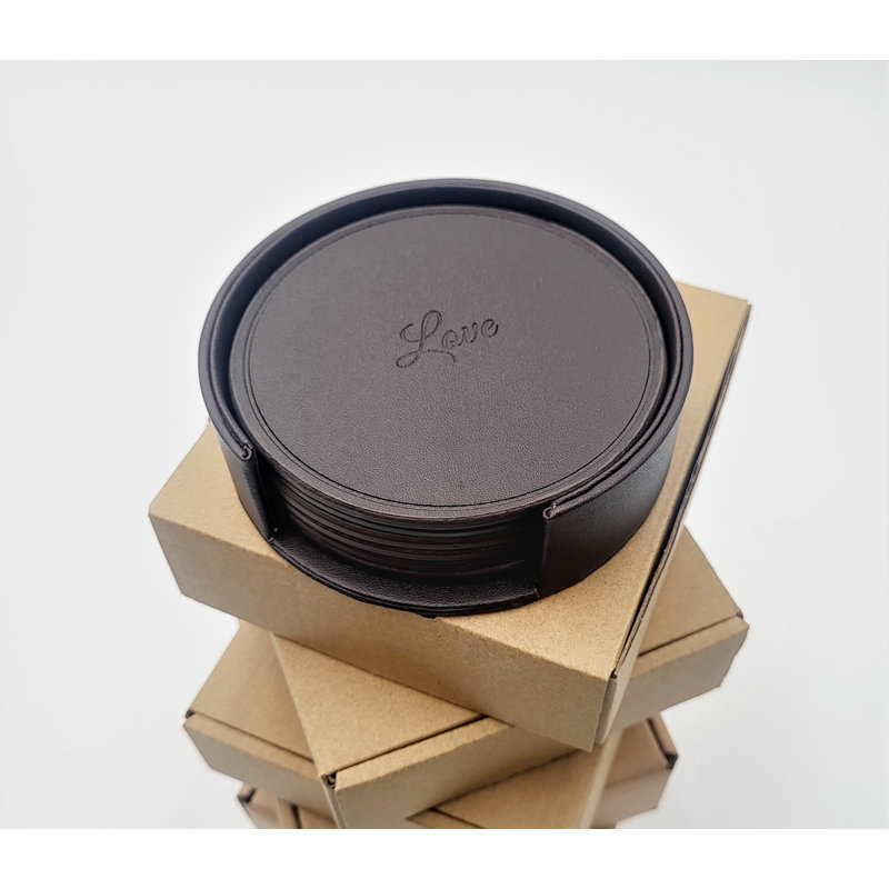Ensemble de sous-verres de 6 verres décoratifs en cuir «Love Passion», cadeau de pendaison de crémaillère, brun