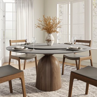 Amberly Stylish Round Dining Table With Lazy Susan - Stone Top And Solid Wood Base For Modern Dining