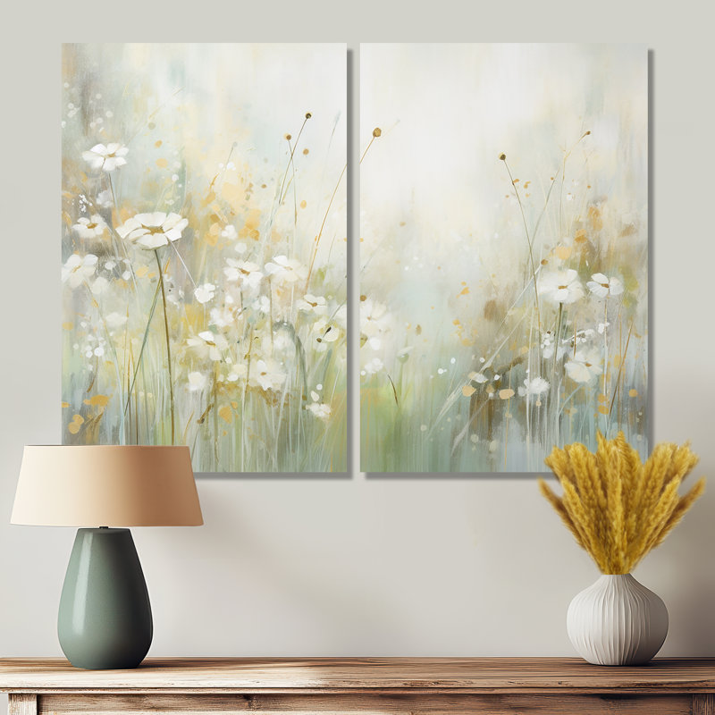 «Green Beige Serene Meadows II - Abstract Botanicals», impression sur toile surdimensionnée 2 pièces, H 36 po x l 48 po
