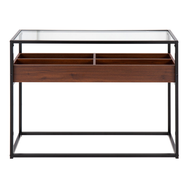 Contemporary Console Table In White Metal, Natural Wood, And Clear Glass, Noyer, Noir