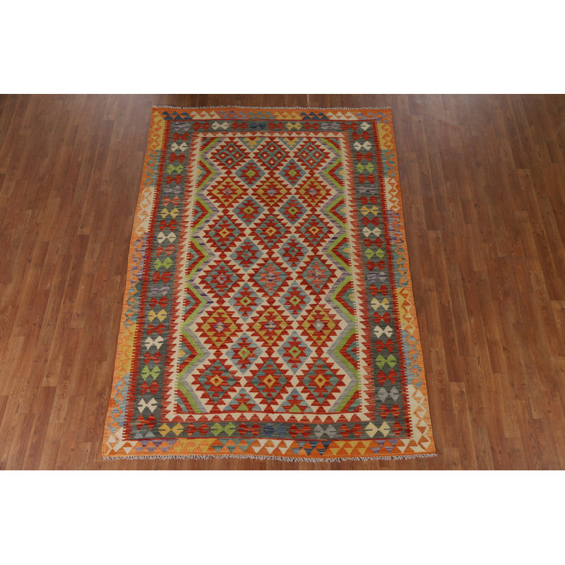 Tapis oriental multicolore en laine Kilim 6 x 8