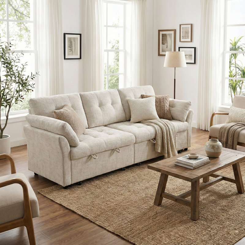 90" Wide 3 Seater Pull out Sofa Sectional Sleeper Sofa with USB Charging, Beige