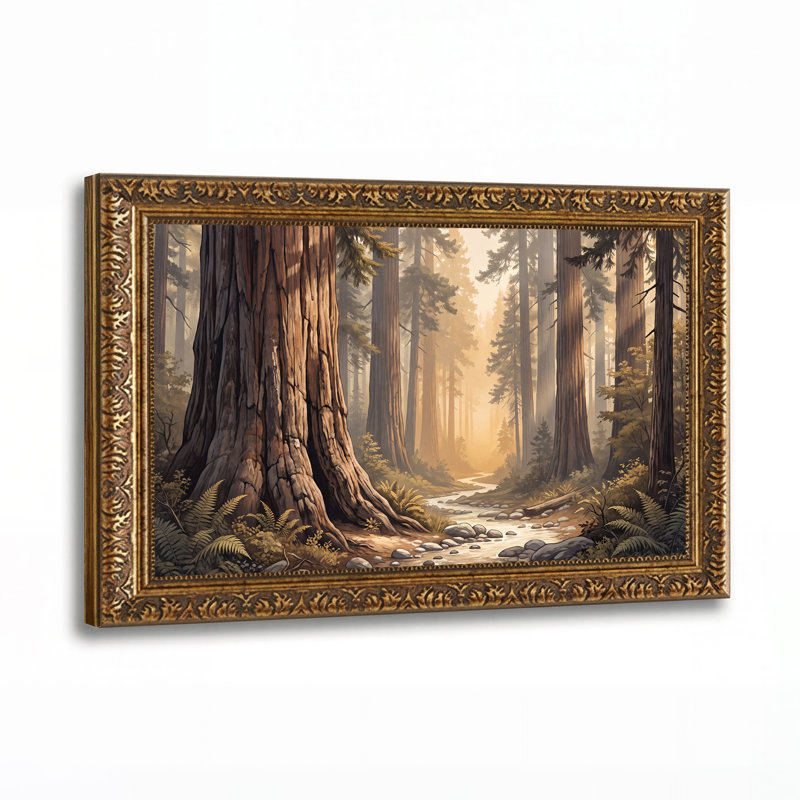 Arbres géants et ruisseau dans une forêt à la lumière dorée - Tableau sur toile, H 24 po x l 36 po