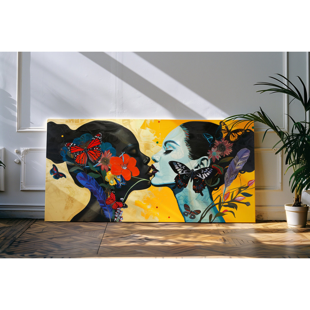 Wandbild 120x60cm Porträt von zwei jungen Frauen Liebe Kuss Blumen Schmetterlingen