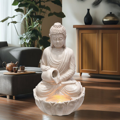 Grande fontaine bouddha en résine avec lumière DEL blanche