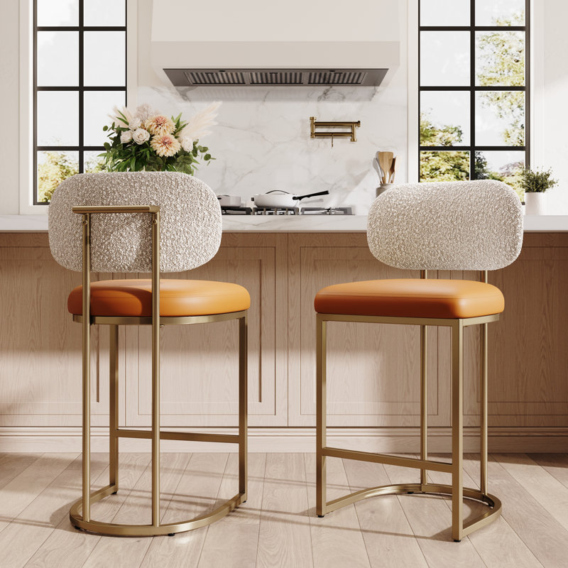 24" Upholstered Counter Height Stool with Orange Faux Leather Seat and Gold Metal Frame (Set of 2), Beige/Gold, 2