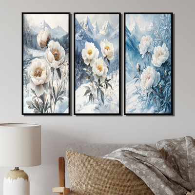 Neige pivoines dans le paysage hivernal I - Collection d'art mural grand pivoines