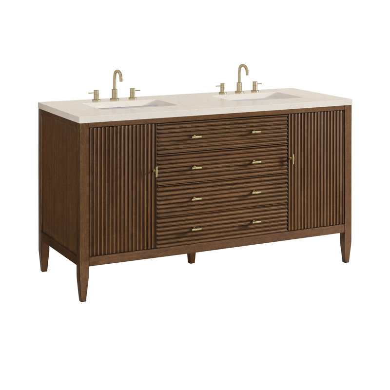 Myrrin 60'' W Double Vanity, Mid-Century Walnut, White Zeus, 8" Widespread