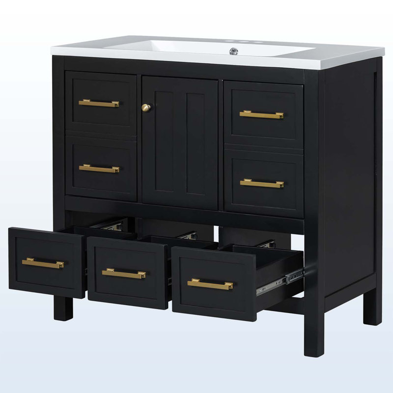 Ensemble de meuble-lavabo autoportant avec 5 tiroirs et portes à fermeture douce, Noir, noir, noir, noir