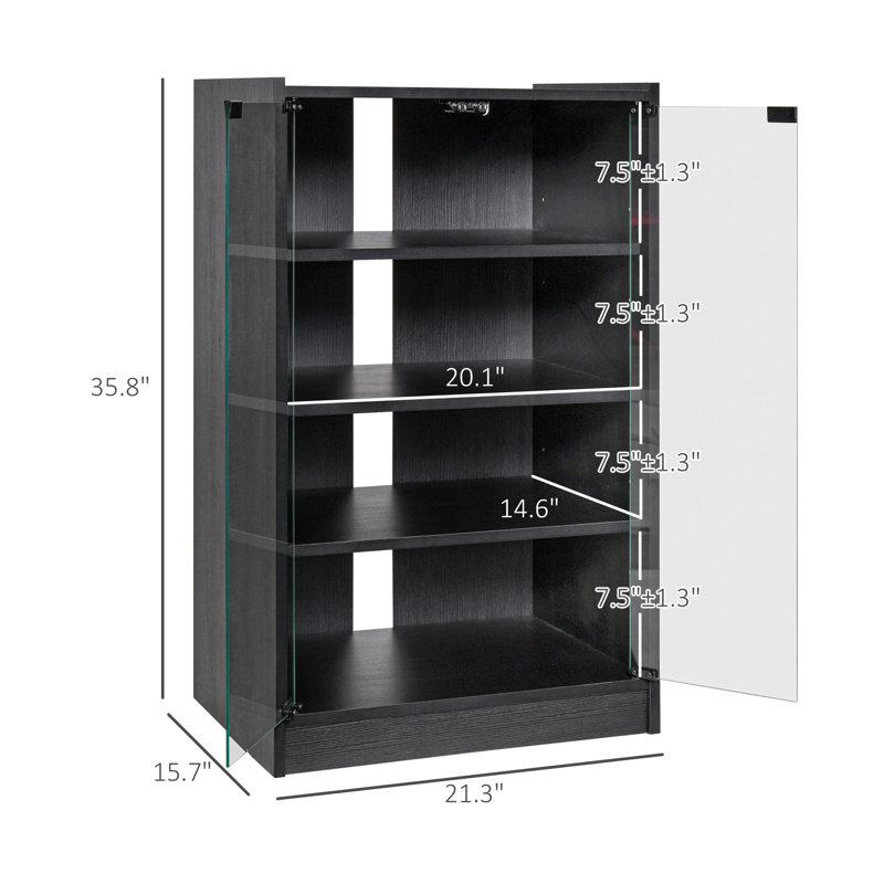 Cabinet média noir patiné avec portes en verre trempé, étagère de rangement réglable à 4 niveaux pour chaîne stéréo, console de jeu et disques vinyles, meuble télé de campagne pour le salon
