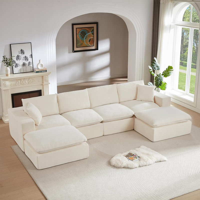 Canapé modulaire modulaire Cloud Couch, canapé en osier en forme de U en osier de 138 po avec repose-pieds, canapé modulaire à 6 places avec siège profond (noir, 4 places + 2 repose-pieds)