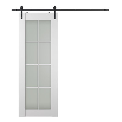 Smart Pro 8 Lite 28 In. X 96 In. Frosted Glass Polar White Composite Core Wood Sliding Barn Door With Hardware Kit