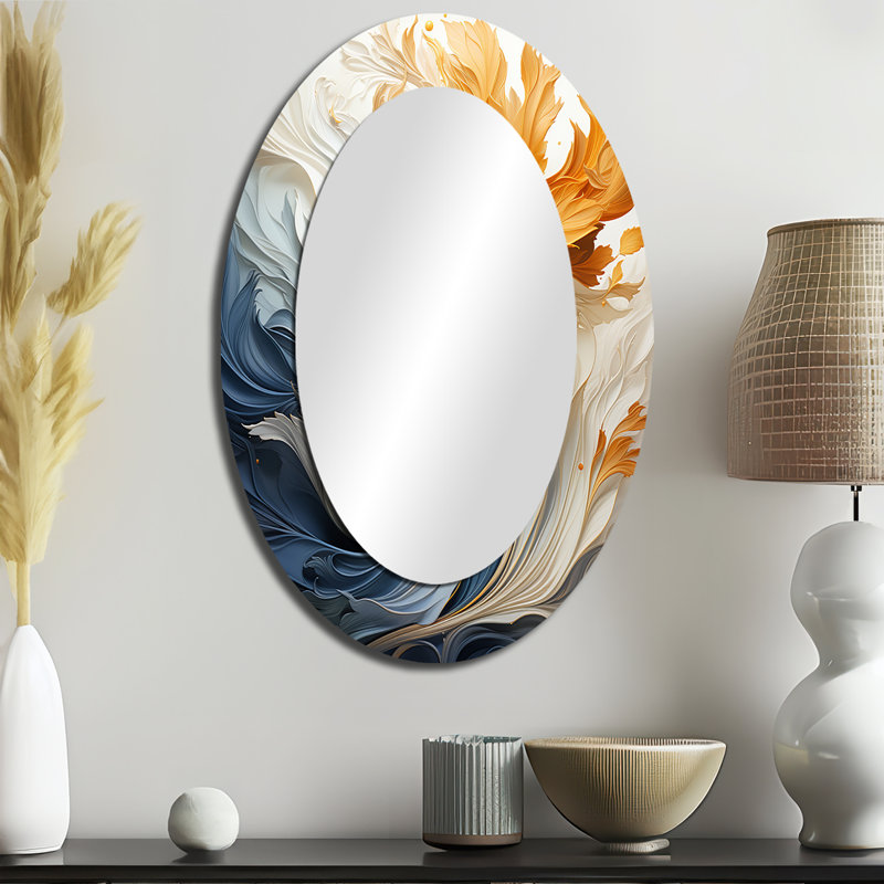 Vintage Blue And Orange Ornamental Wave Elegance - Orange Modern Oval Wall Mirror, 36" x 24"