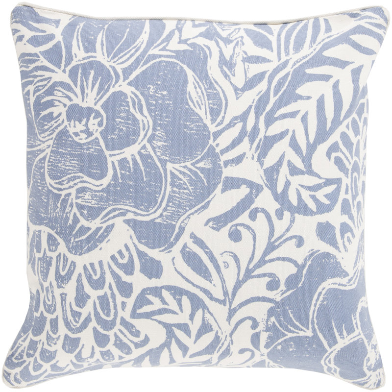 Floral Cotton Throw Pillow, 18" H x 18" W x 4" D, Blue, Down