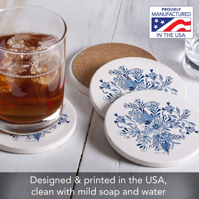 Ensemble de 4 sous-verres ronds à motif floral bleu et blanc