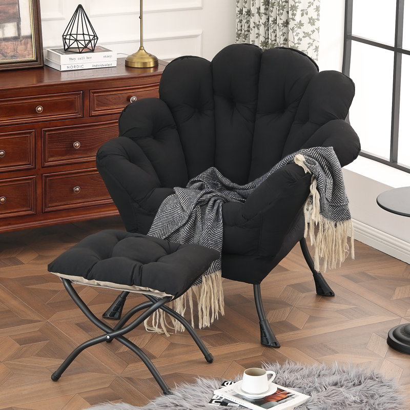 Lazy Chair With Ottoman, Modern Floral Chair With Folding Footrest, Lounge Accent Chair, Black