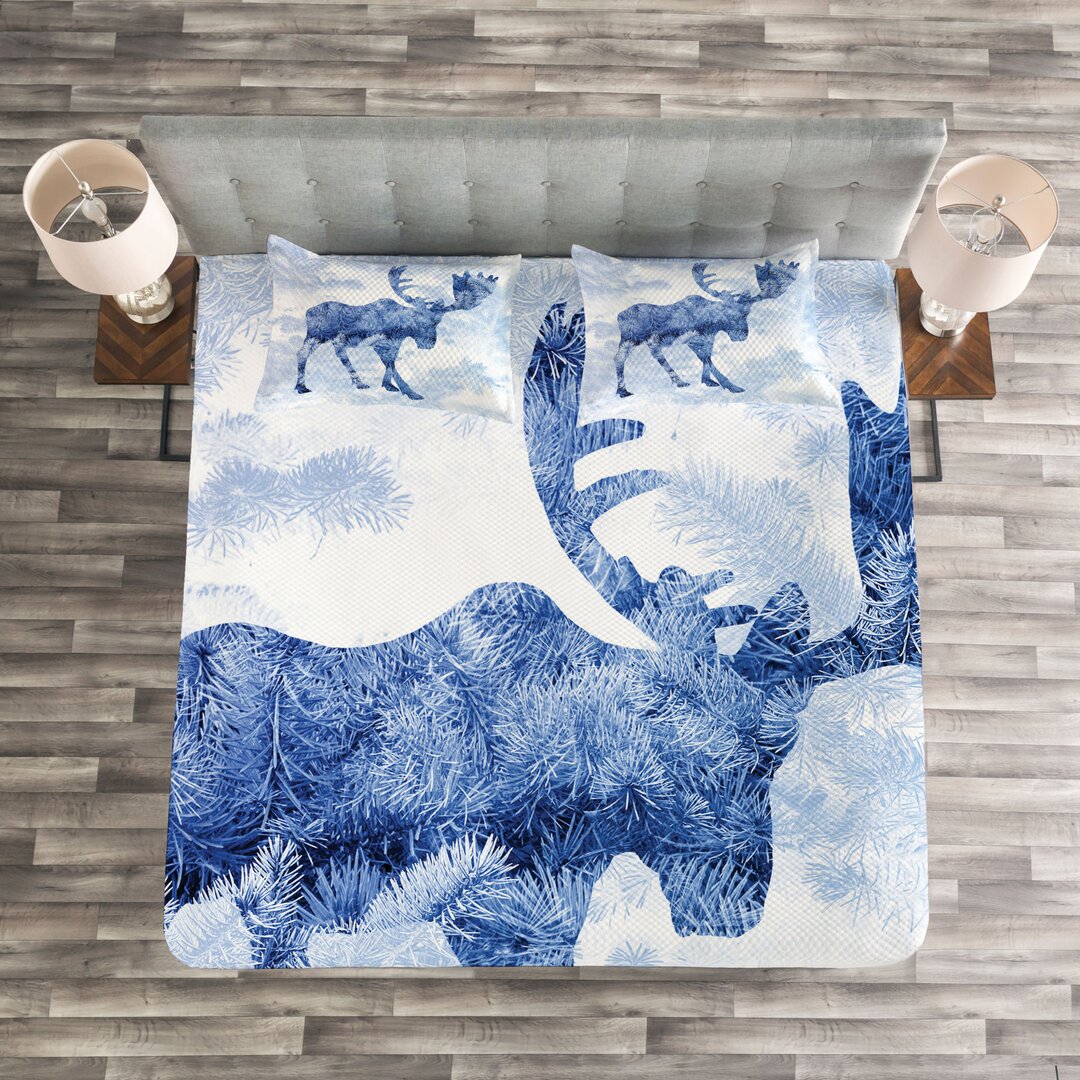 Gestepptes Bettdecken-Set, Blauer Winter Antlers Baum, Elch, Blau Weiss