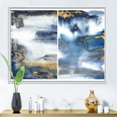 «Dark Blue and Gold Abstract Waves I», peinture sur toile à cadre flottant