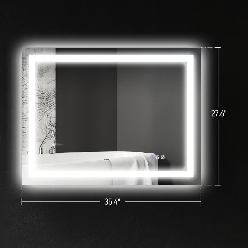 Miroir de salle de bain 35 po x 28 po à DEL, brouillard, température de couleur personnalisable, fixation murale, rétroéclairé et avant éclairé pour une baignoire élégante paisible et rafraîchissante