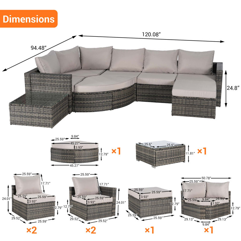 Ensemble de canapé d'extérieur 8 pièces, ensemble de conversation modulaire en forme de L en osier avec repose-pieds courbé et table en verre pour la piscine