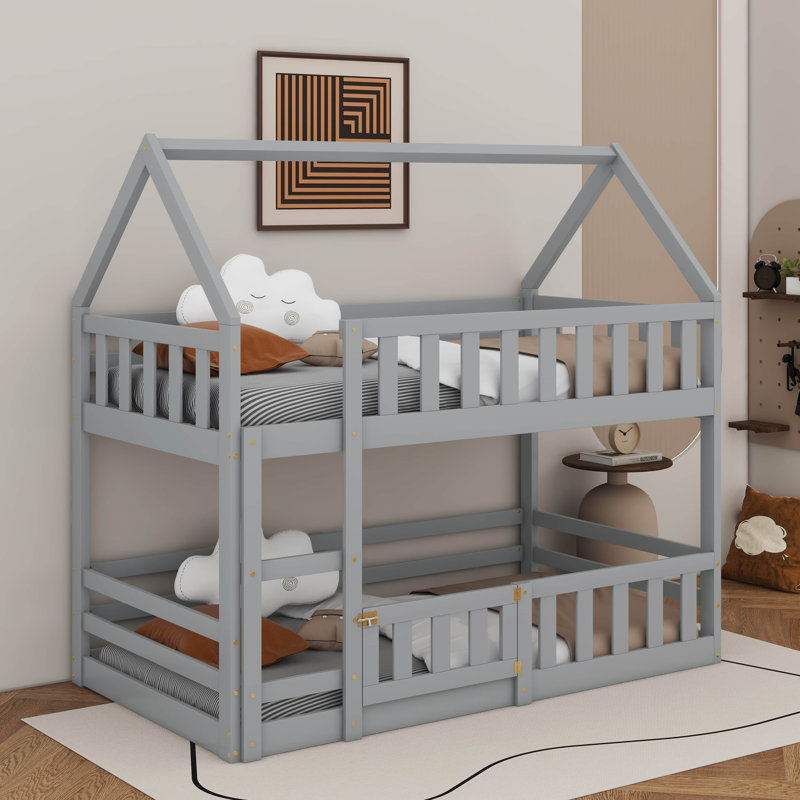Sereno Solid Wood House Bunk Bed with Fence and Door, Gray