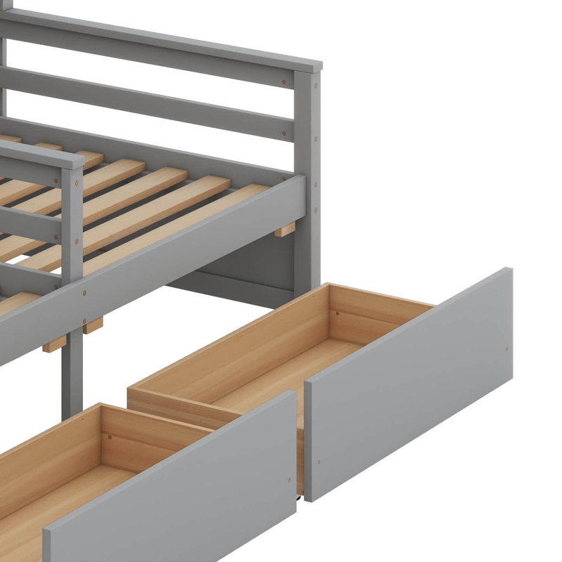 Lit plateforme simple avec 2 tiroirs, composé de deux lits simples placés côte à côte, Gris