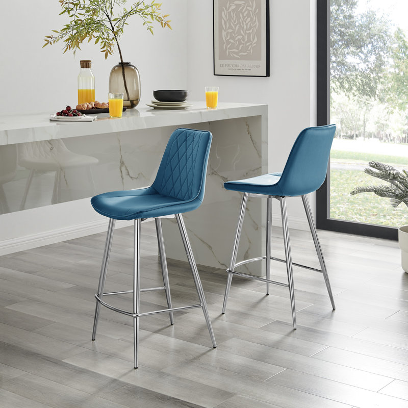 Tabouret de bar en velours Simsbury, Argent argent, Bleu