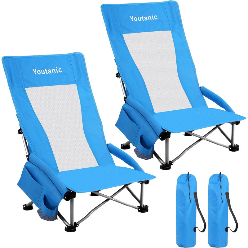 Chaise pliante à haut dossier pour camping avec sac isotherme et coussin (paquet de 2), Bleu