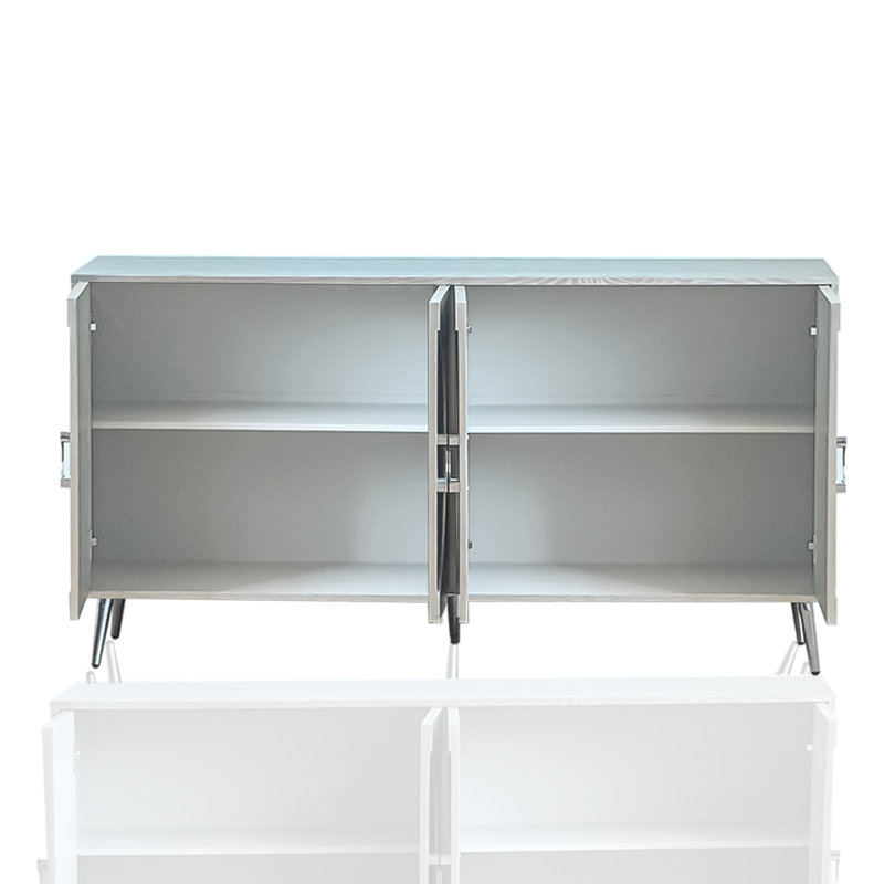 Buffet moderne 4 portes en bois laqué champagne moderne avec relief circulaire | Pieds élégants en métal et poignées anneaux | Style contemporain minimaliste pour le salon, le vestibule ou la salle à manger