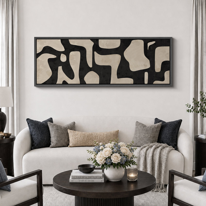 Contours abstraits de forme Mid-Century, œuvre d'art beige et noir, décoration de chambre à coucher rétro, très grande impression sur toile encadrée
