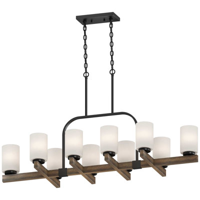 Khotan 10-Light Indoor Walnut Hanging Chandelier with White Cased Glass Cylinder Shades