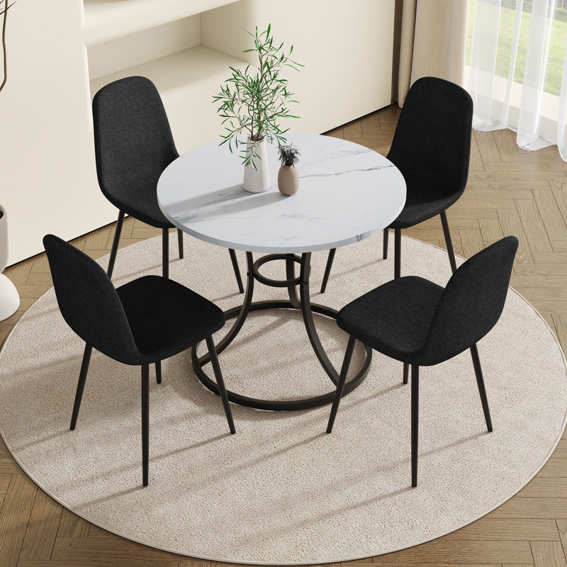 Table de salle à manger ronde moderne 33,3 po avec 4 chaises en lin et coton noir, pieds en métal élégants et confortables