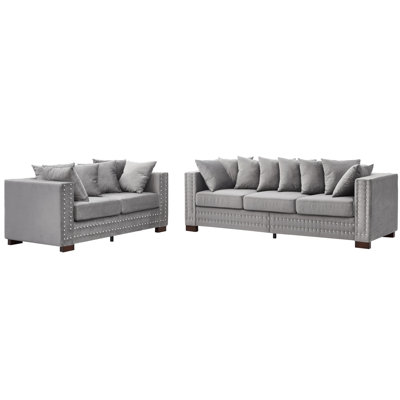 Velours gris 2 + 3 places de conception moderne avec clous carrés et argentés, coussins de ressorts haute élasticité confortables, housses lavables, espace de rangement, 5 pieds en bois massif faciles à assembler, sièges,