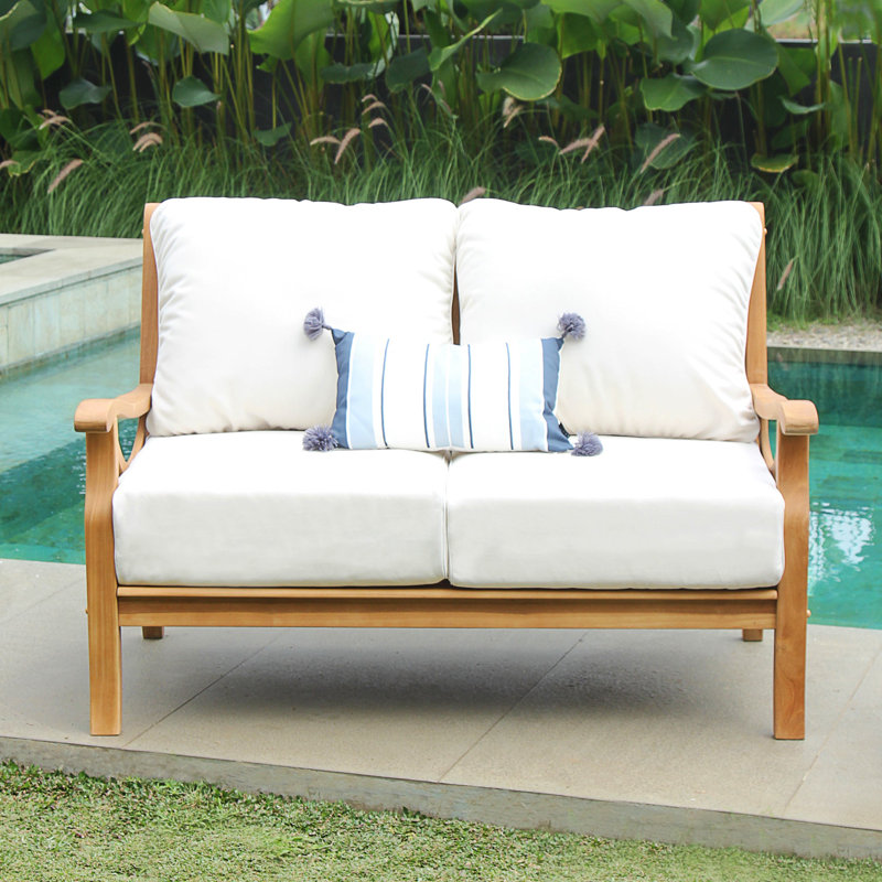 Brunswick 52'' Wide Rectangle Teak Loveseat with Cushions, Off White, Natural
