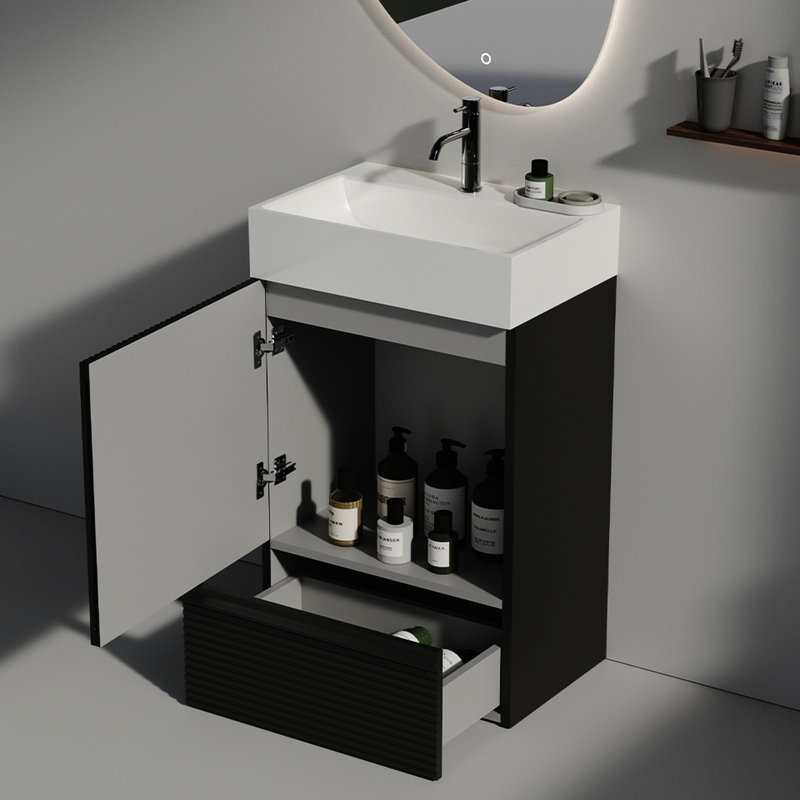 Meuble-lavabo chic noir mat - meuble autoportant avec lavabo en céramique et espace de rangement élégant, Noir