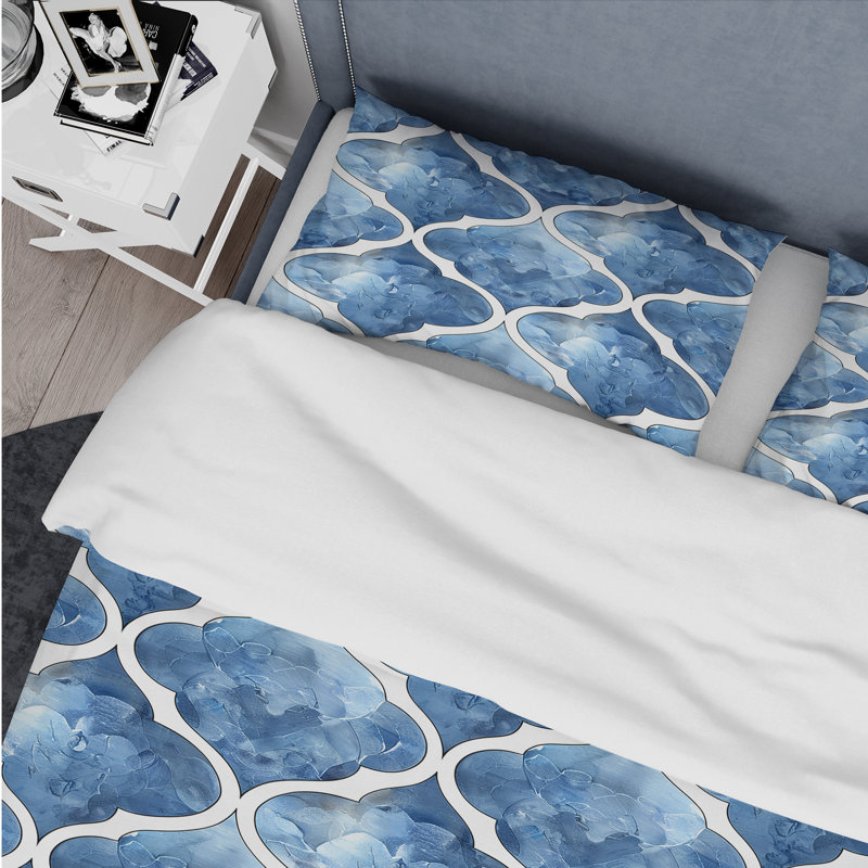 Ensemble de housse de couette moderne bleu et blanc Modern Trellis II, Housse de couette simple et deux taies décorative