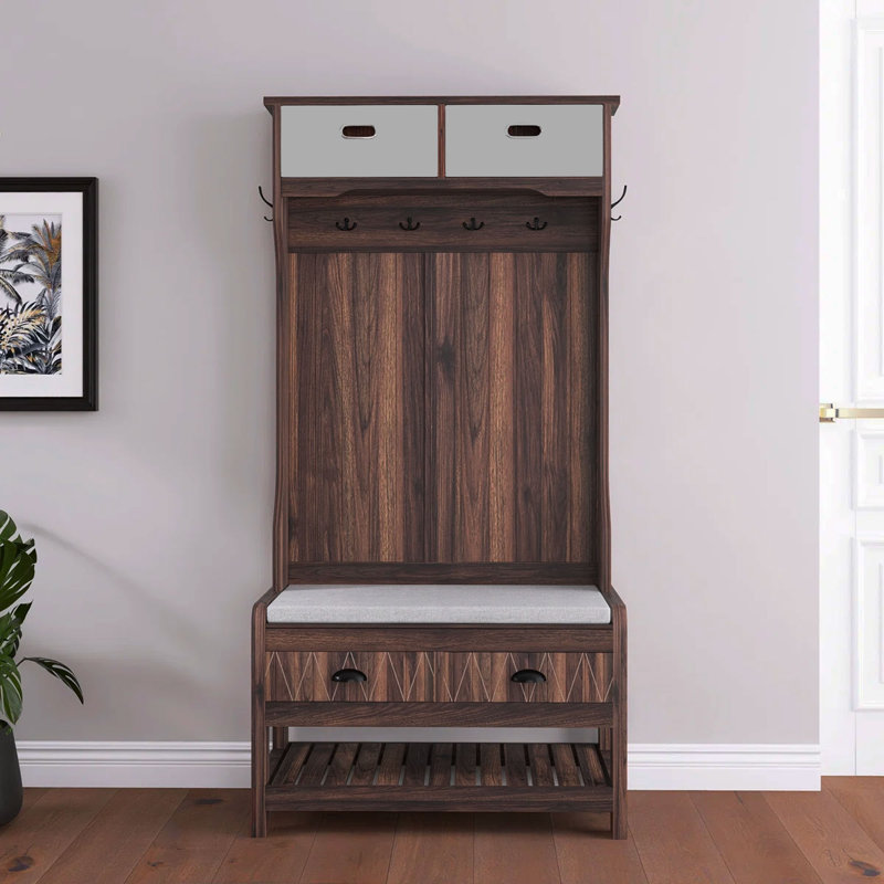 69 In. Black MDF Hall Tree With 6 Hooks And Hinged Lid, Brun