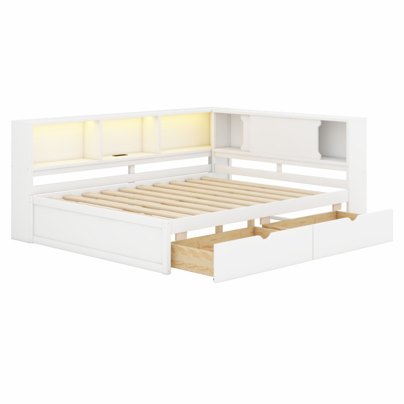 Structure de lit de jour contemporaine en bois avec éclairage DEL, chargeurs USB et tiroirs de rangement, Blanc