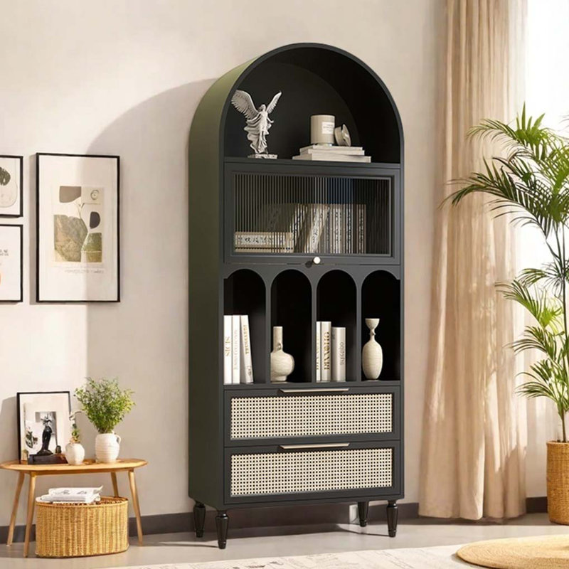 Vitrine arquée en bois massif avec bibliothèque, Noir, noir, noir, noir