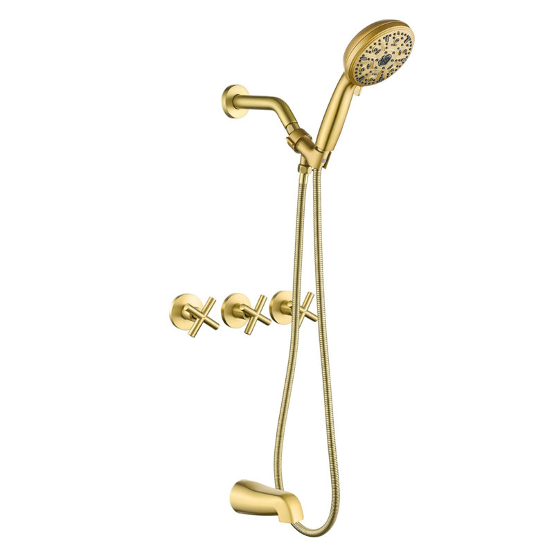 Wall Mount Tub Shower System 3 Handle Shower Faucet Set 10 Spray Brass Shower Trim Kit With Rough-In Valve, Brushed Gold