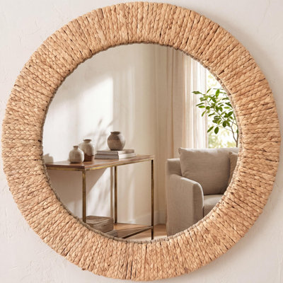 Handwoven Straw Rope Round Wall Mirror For Boho Coastal Farmhouse Decor Living Room Bedroom