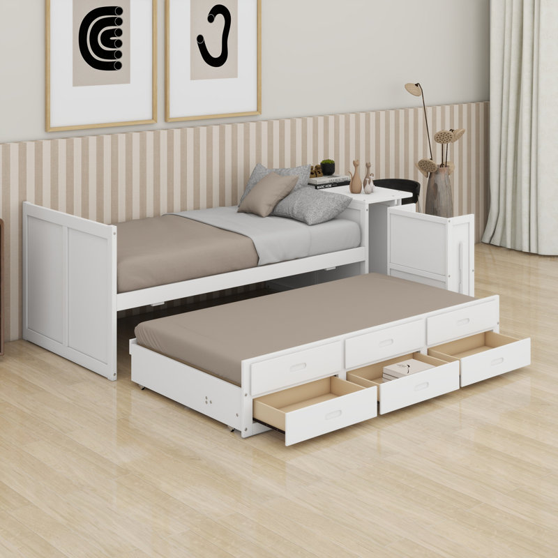 Lit plateforme avec bureau et tablette de rangement au bout du lit, lit gigogne et tiroirs, blanc