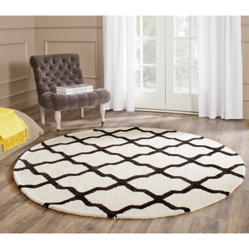 Cannen Hand Tufted Wool Geometric Rug, Round 6', Ivory/Black