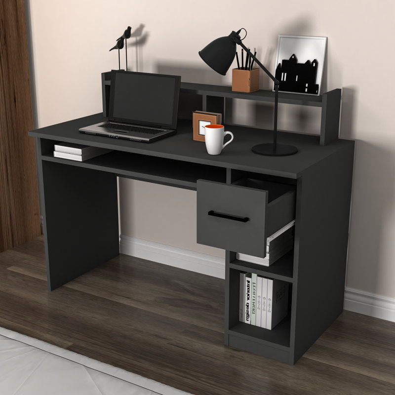 Computer Desk Ilta 120 cm with 1 Drawer and 4 Open Storage Shelves, Anthracite