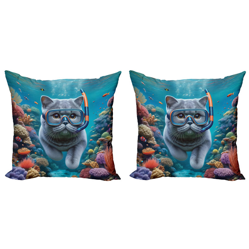 429460_Ambesonne Housse de coussin nautique 2Pack Diver Cat in the Ocean, H 24 po x l 24 po