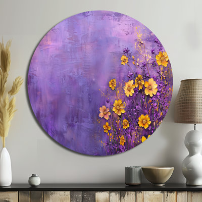 Purple Wildflower Dreamscape - Cottagecore Large Round Wall Art, Wildflower Meadow Metal Wall Art