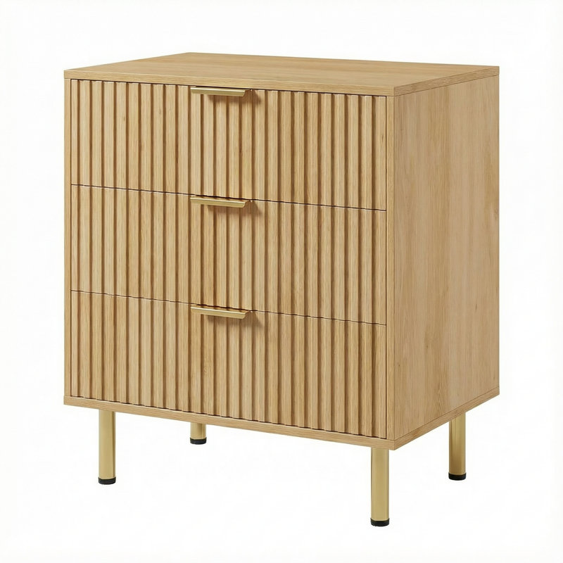Natural 3 Drawer Dresser for Bedroom, Fluted Modern Nightstand with Deep Drawers, Chest of Drawers with Wide Top, Wooden Dresser Organizer, Side Table